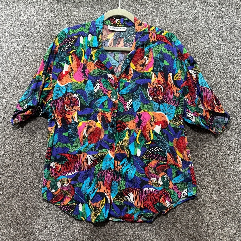 Vintage 90s Complements Animal Jungle Print Button Up Top Tiger Elephant Multi